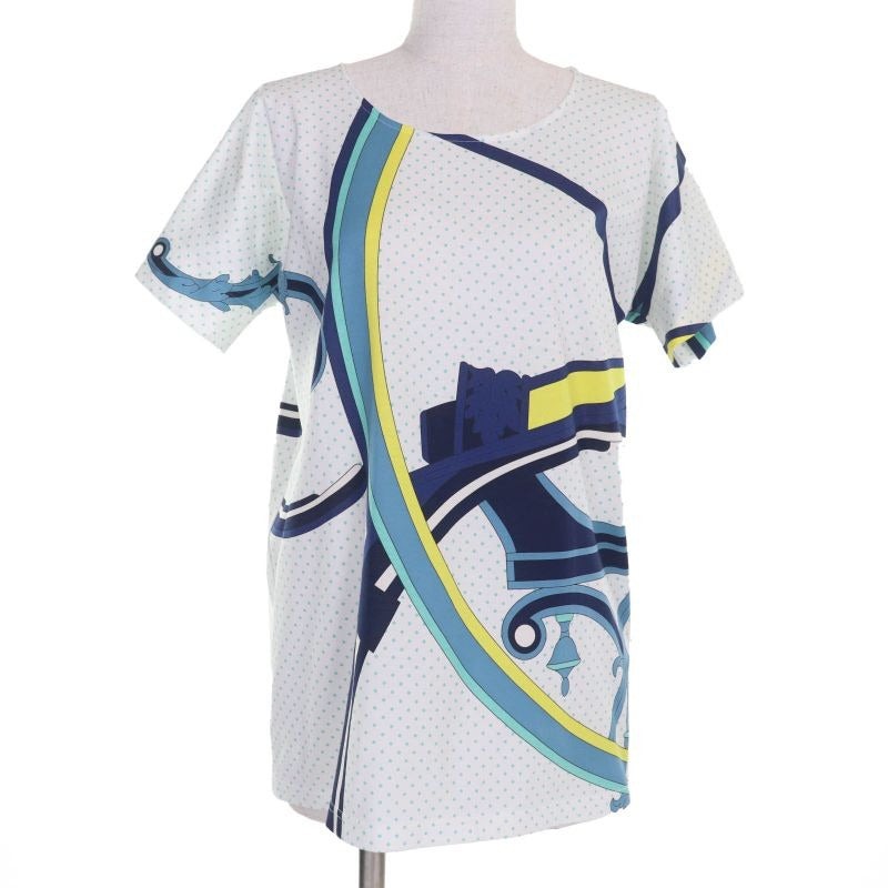 Hermes 100% Cotton Cut And Sewn Short Sleeved T-Shirt Top White Blue 34