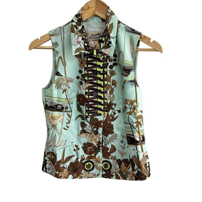 Hermes Vest Size 38 M Women - Light Blue Brown And Multi Silk/floral Pattern