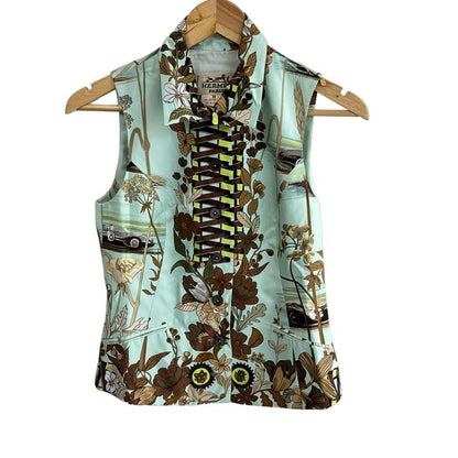 Hermes Vest Size 38 M Women - Light Blue Brown And Multi Silk/floral Pattern