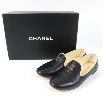 CHANEL 17G G31630 Flat Leather Shoes With Coco Mark Black Beige 34.5 With Box