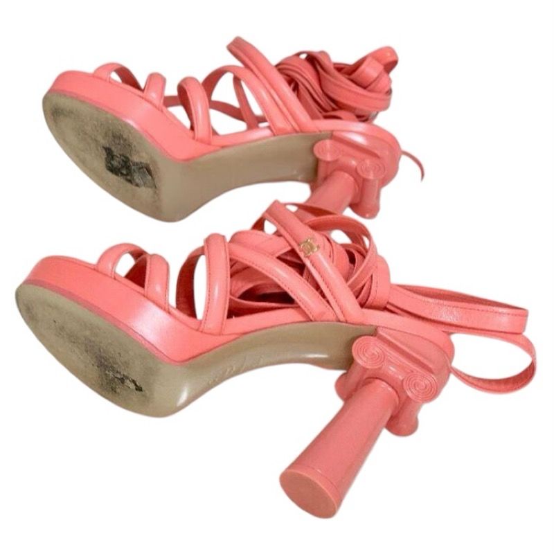Chanel Sandals Shoes Leather Pink Gold Strap