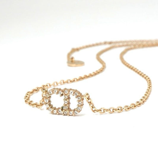 Christian Dior Clair D LUNE Necklace Pendant Choker Gold Logo Rhinestone