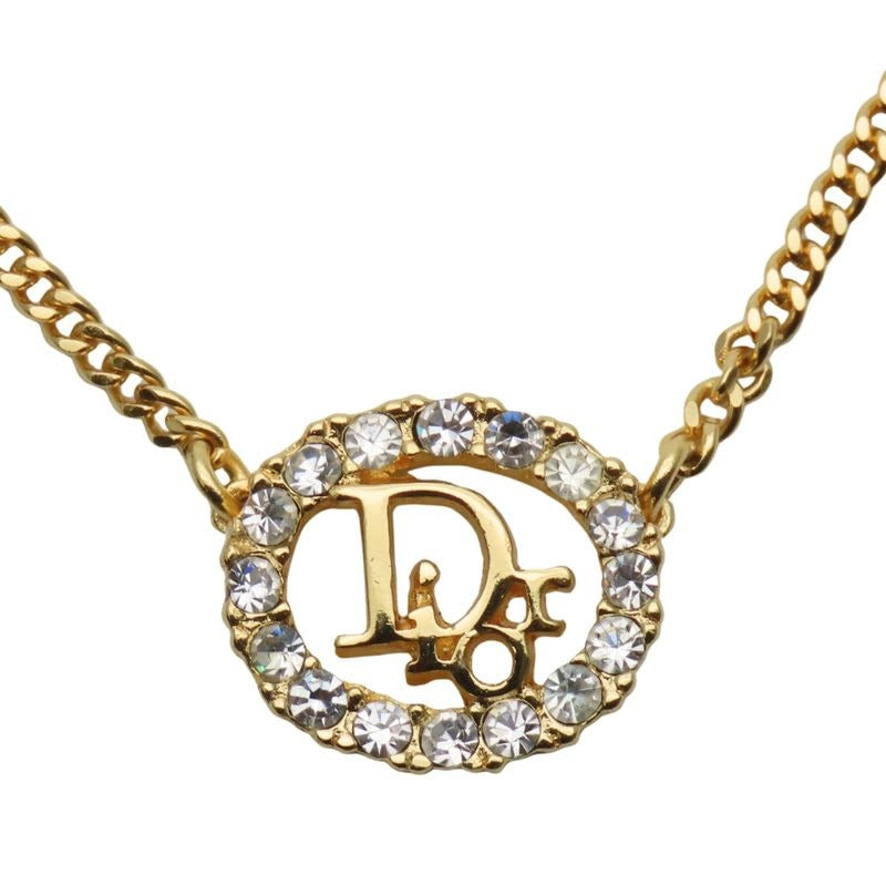Christian Dior Necklace CD Logo Metal Rhinestone Gold Plated GP Accessories