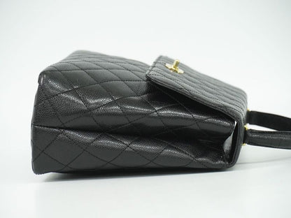 Authentic Chanel Coco Mark Matelasse Turnlock Handbag Caviar Skin Leather Black