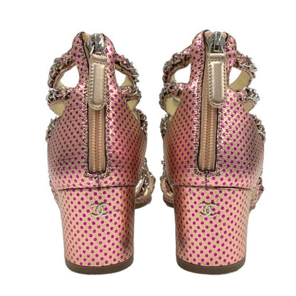 Chanel Sandals Shoes Leather Pink Silver Coco Mark Chain Dot Metallic