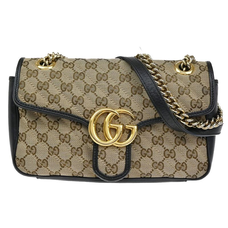 Gucci Marmont Chain Shoulder Bag Canvas Leather Beige Black 631ka861