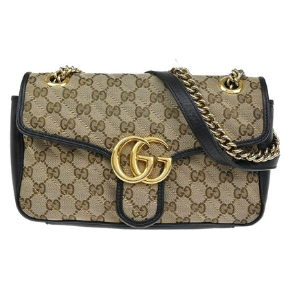 Gucci Marmont Chain Shoulder Bag Canvas Leather Beige Black 631ka861