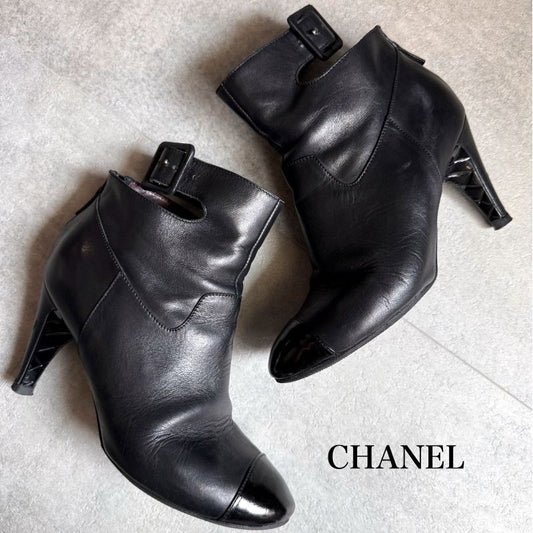 Chanel Quilted Leather Belt Short Boots Coco Mark Black 36 1 2