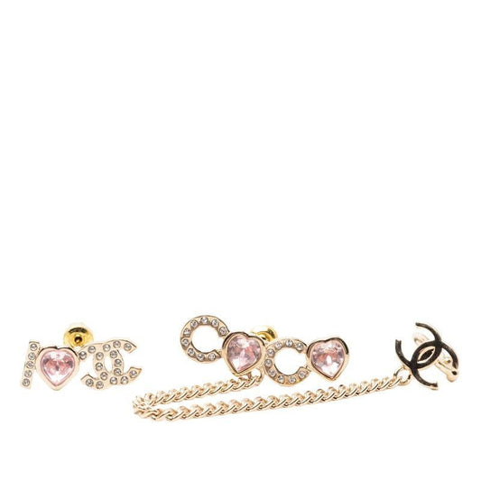 Chanel I Love CC Logo Heart Line Stone Earrings Gold Pink Plated