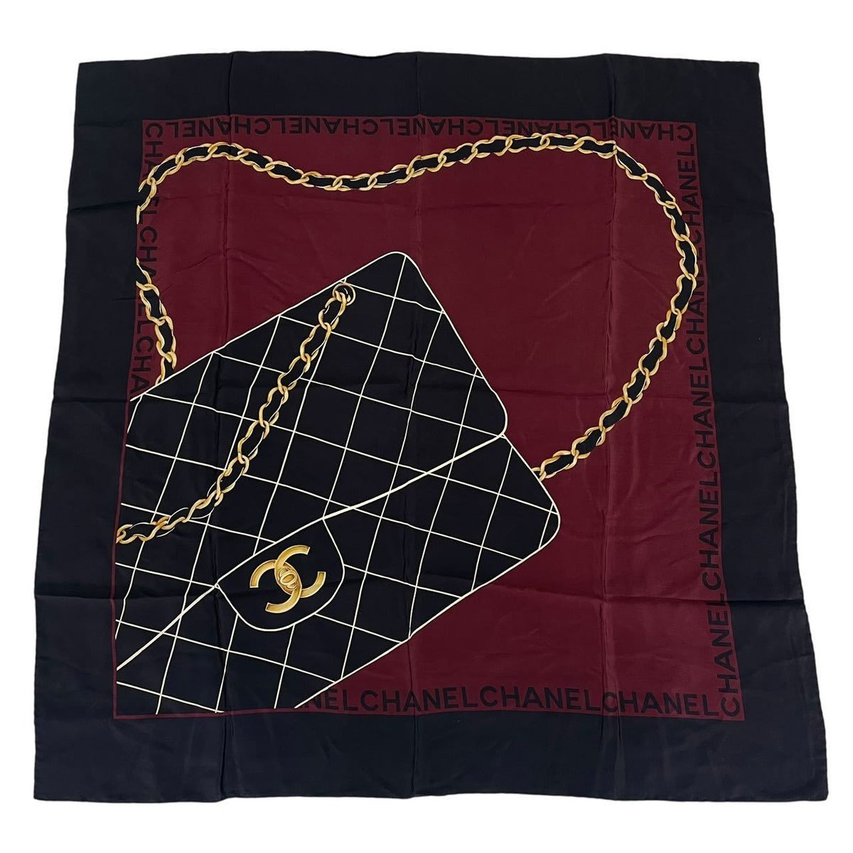 Chanel Scarf Silk Quilted Pattern CC Logo Red Black