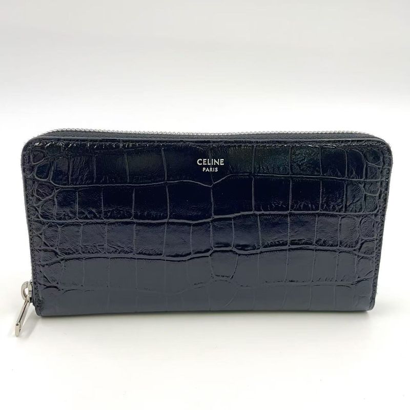 Celine Logo Leather Round Zip Leather Black Wallet Silver