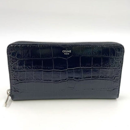 Celine Logo Leather Round Zip Leather Black Wallet Silver