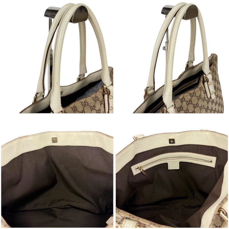 Gucci Tote Bag Hustler Bit Horsebit GG Canvas White Brown Leather Shoulder