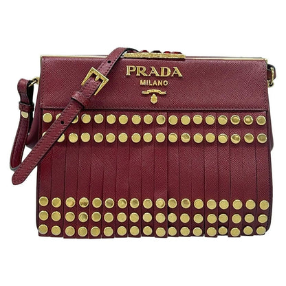 Prada Shoulder Bag Gold Fringe Line Stone Leather
