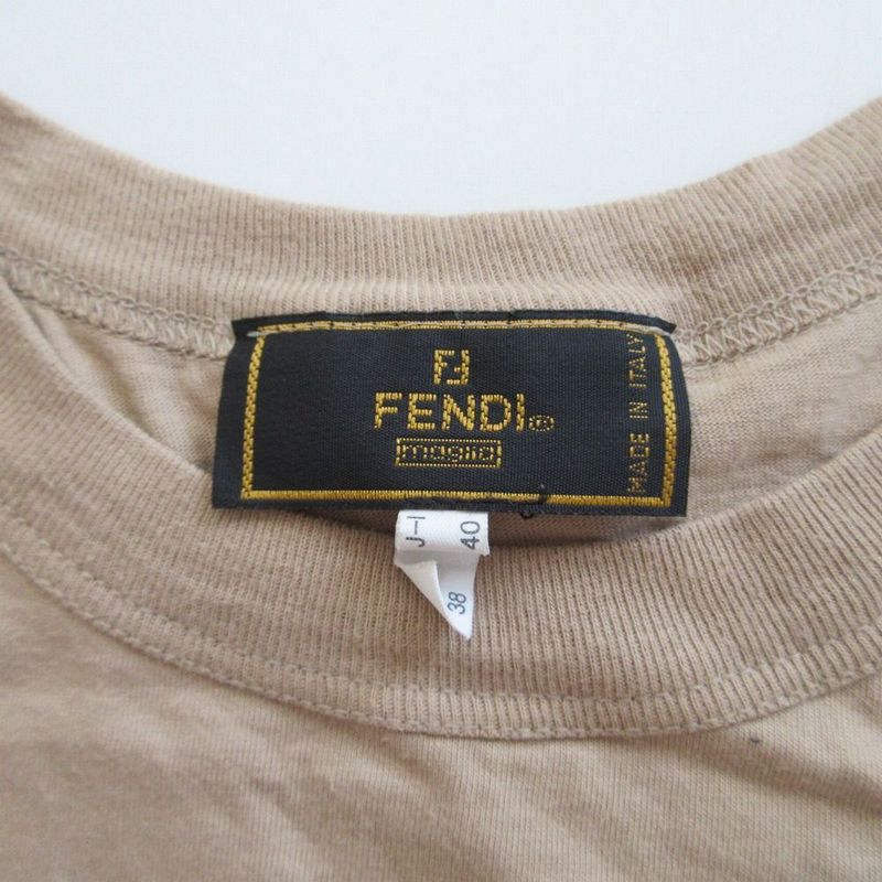 Fendi Logo Embroidery Short Sleeve T-Shirt Top Beige Size M Women's