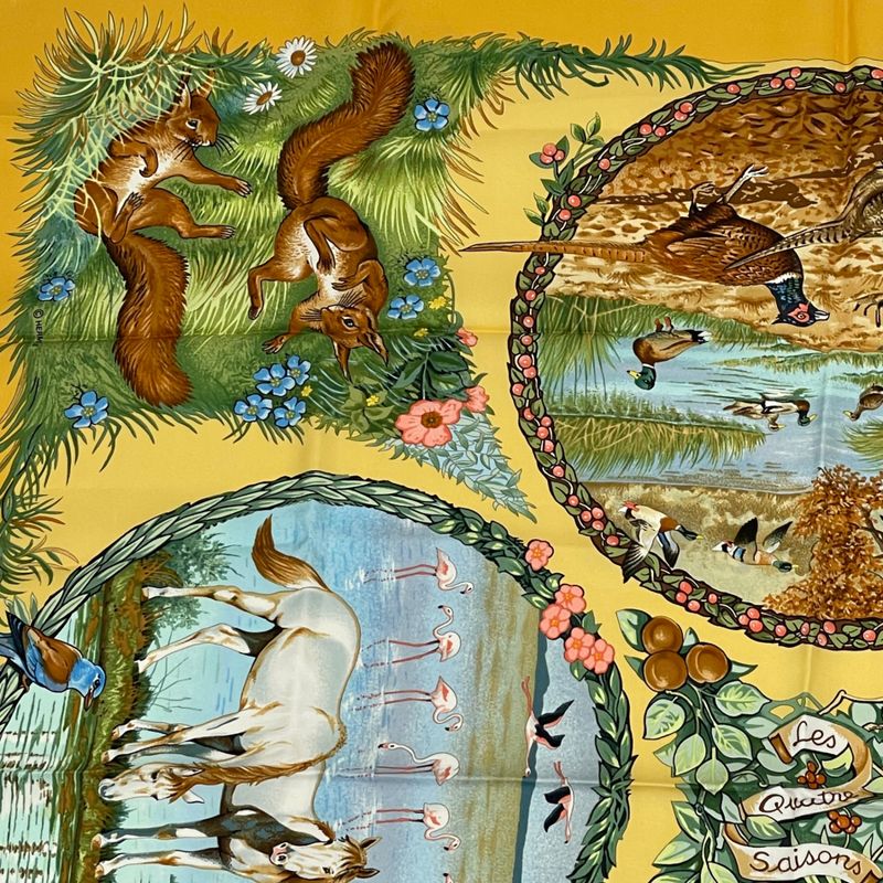 Hermes Carre 90 LES Quatre Saisons Four Seasons Brown Animal Flower Scarf Silk