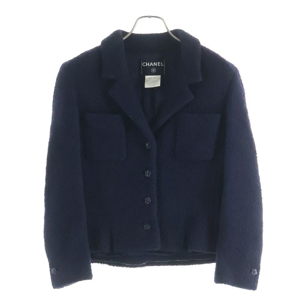 Chanel Camellia Button Tweed Jacket Navy Wool
