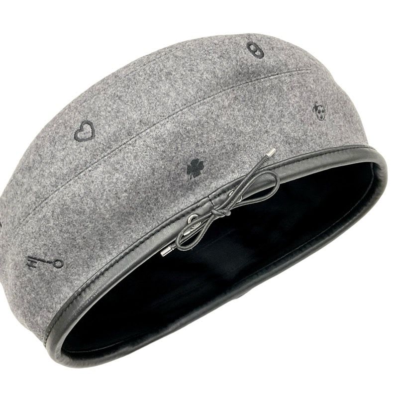 Hermes Beret Cashmere Gray Black Embroidery Hat