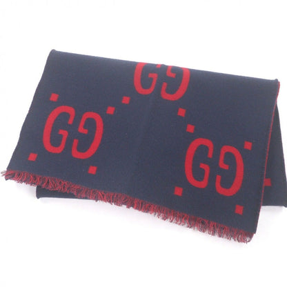Gucci Wool Silk Jumbo GG Jacquard Fringe Scarf Navy Red