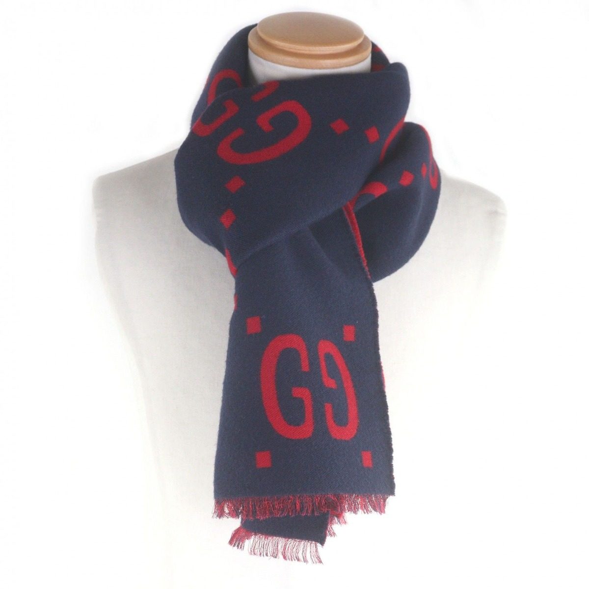 Gucci Wool Silk Jumbo GG Jacquard Fringe Scarf Navy Red — view 2