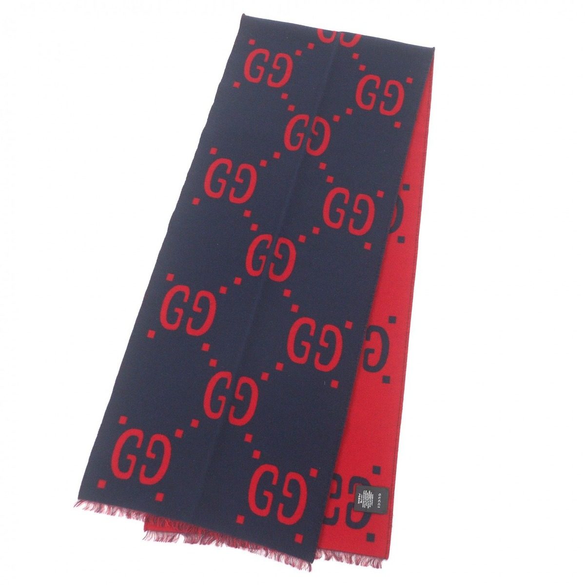 Gucci Wool Silk Jumbo GG Jacquard Fringe Scarf Navy Red — view 3