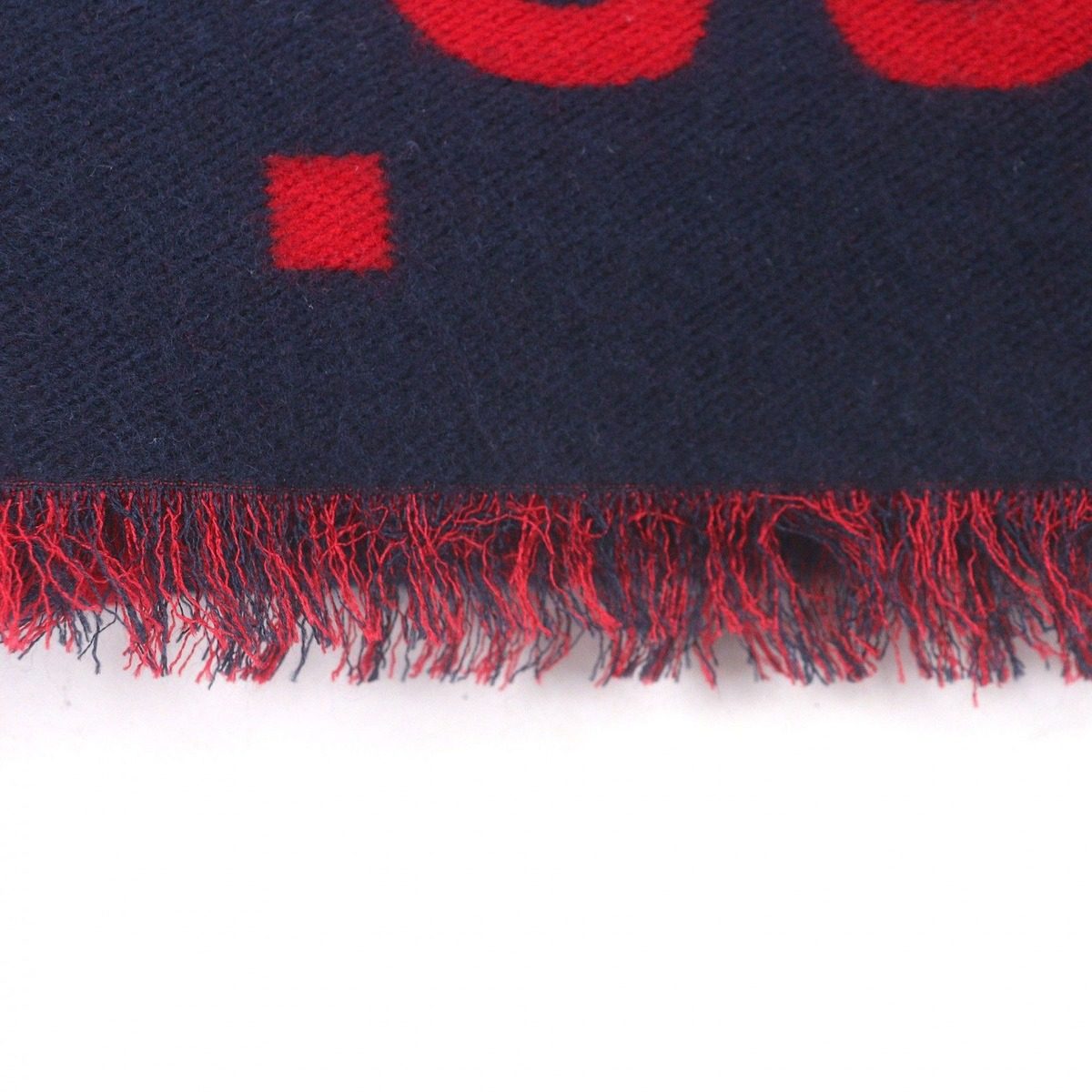 Gucci Wool Silk Jumbo GG Jacquard Fringe Scarf Navy Red — view 4