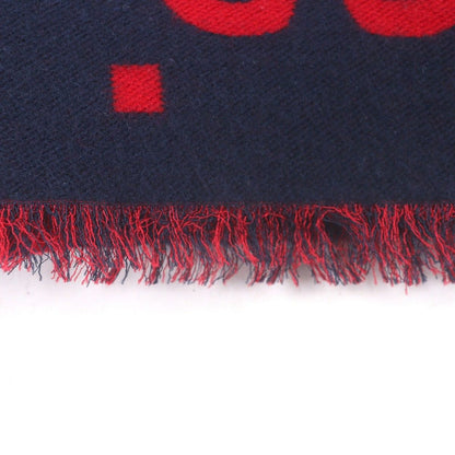 Gucci Wool Silk Jumbo GG Jacquard Fringe Scarf Navy Red — view 4