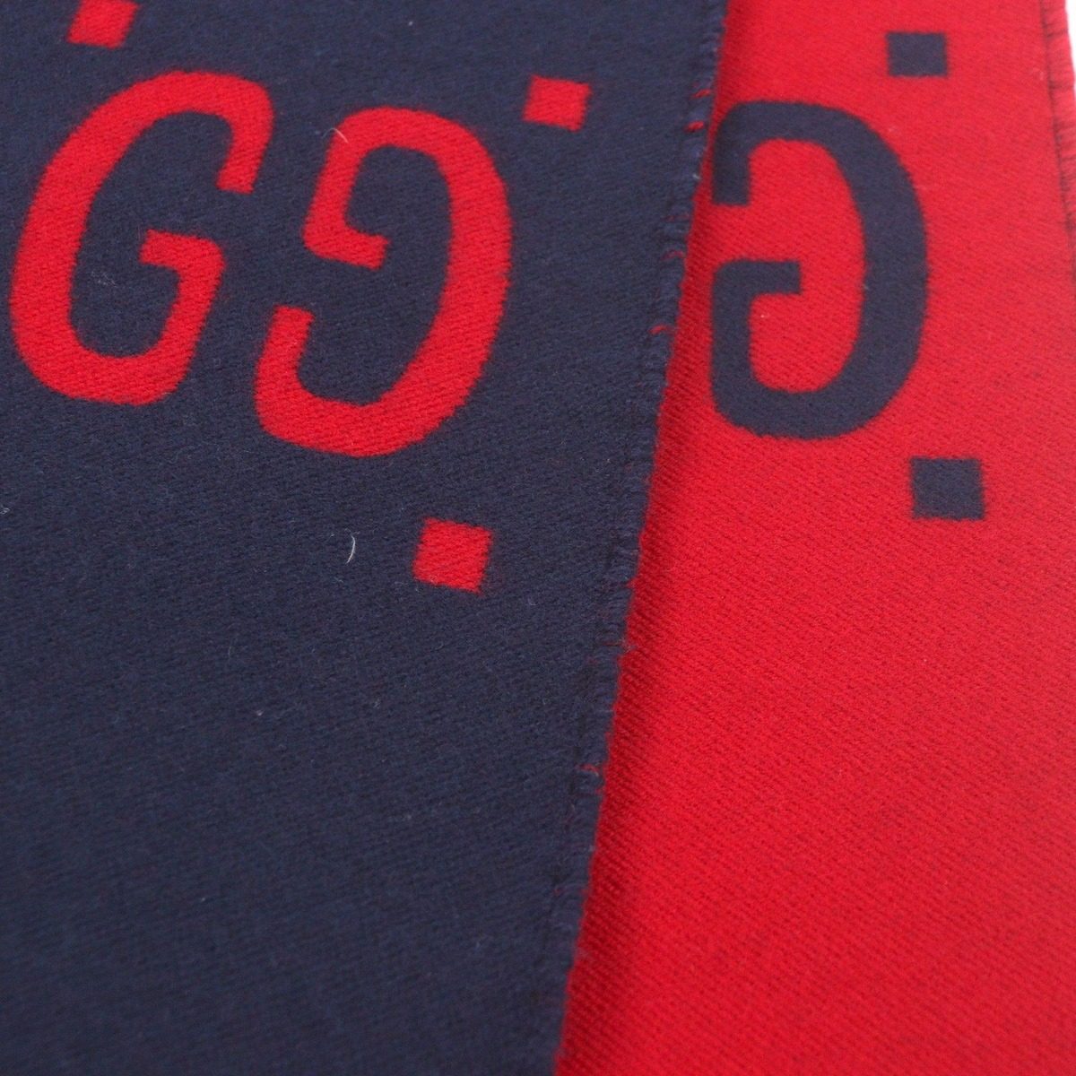 Gucci Wool Silk Jumbo GG Jacquard Fringe Scarf Navy Red — view 5