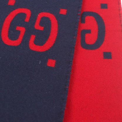 Gucci Wool Silk Jumbo GG Jacquard Fringe Scarf Navy Red — view 5