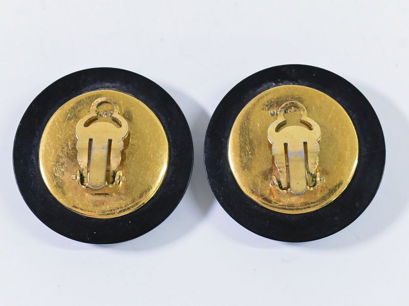 Authentic Chanel Coco Mark Matelasse Earrings Plastic GP Gold Plated Black
