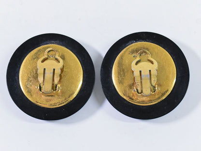 Authentic Chanel Coco Mark Matelasse Earrings Plastic GP Gold Plated Black