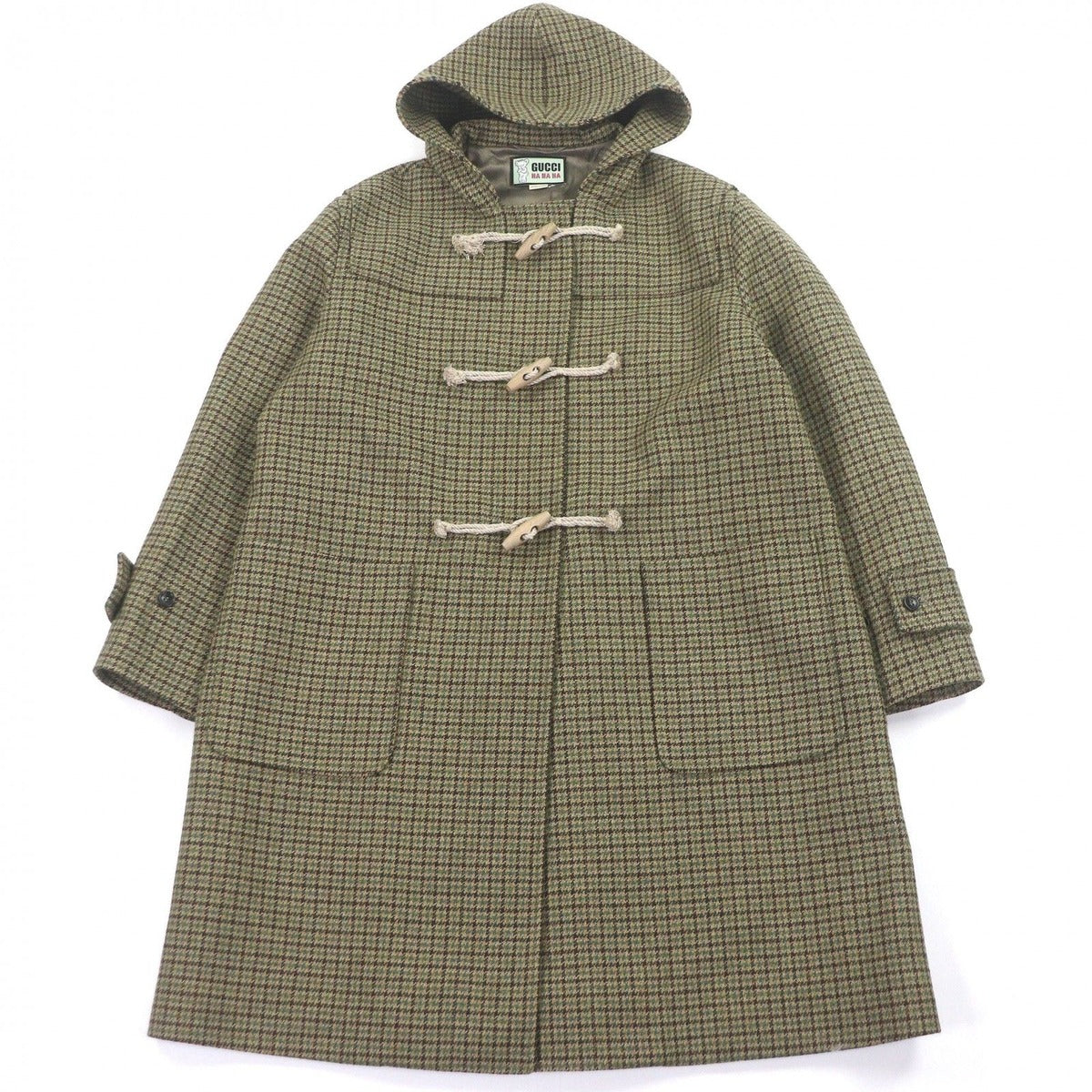 Gucci Wool Rayon HA Houndstooth All Over Pattern Duffel Coat Beige 48