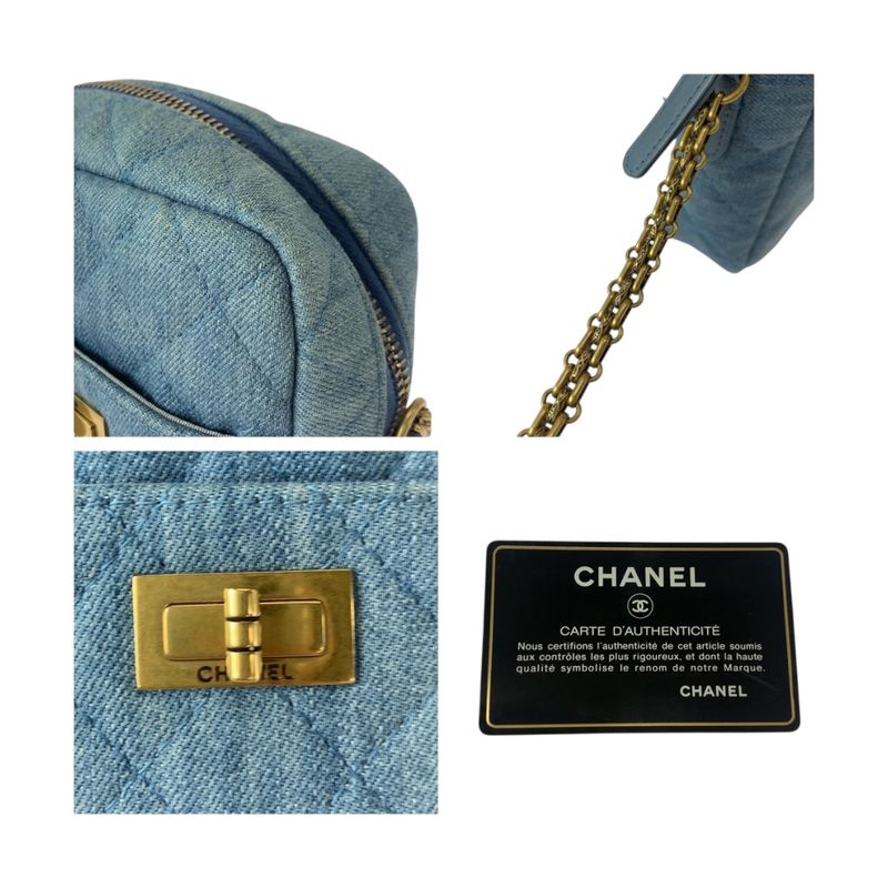 Chanel 255 Quilted Blue Gold Hardware Denim Shoulder Bag Pochette Women 505317
