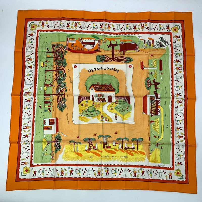 Hermes Carre 90 RE TOUR A LA Terre Homeward Silk Scarf Orange