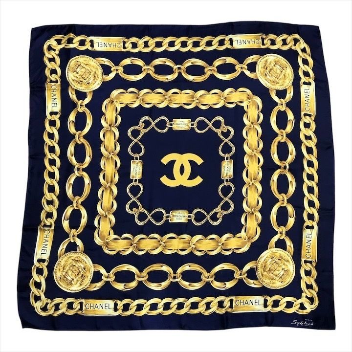 Chanel Chain Logo Scarf Large Silk 100% Navy