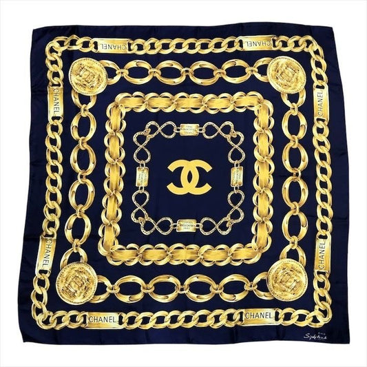 Chanel Chain Logo Scarf Large Silk 100% Navy