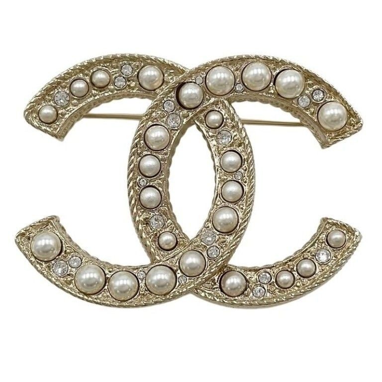 Chanel Brooch CC Logo Gold Pearl Line Stone