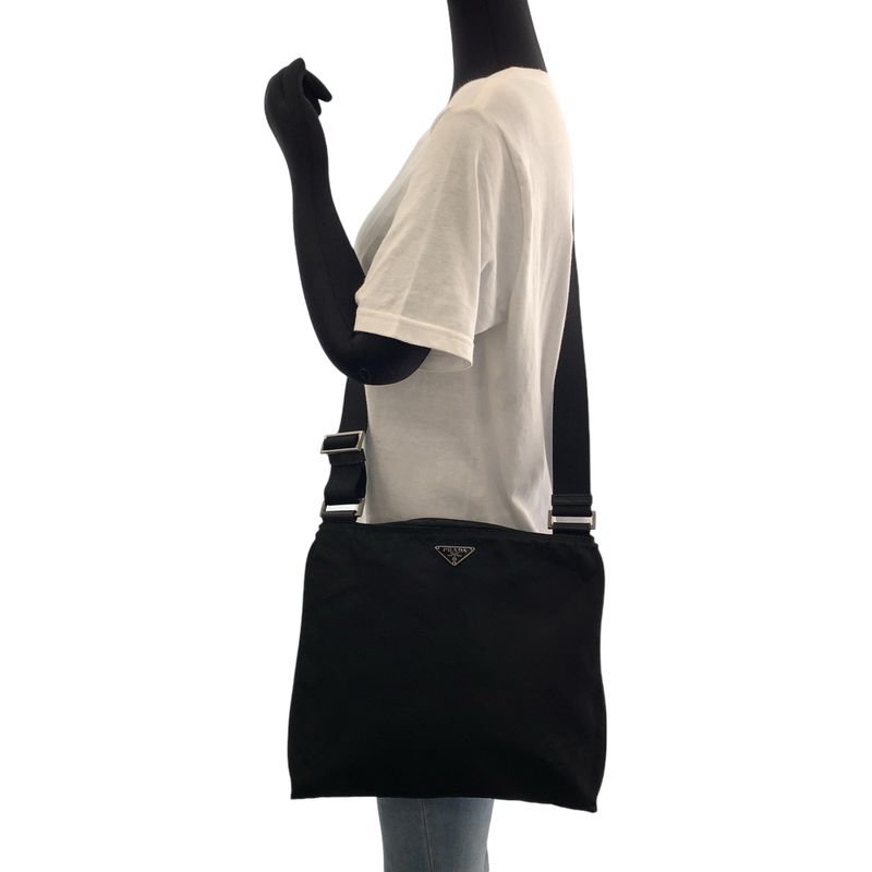 Prada Tessuto Triangle Logo Plate Black Silver Hardware Nylon Crossbody
