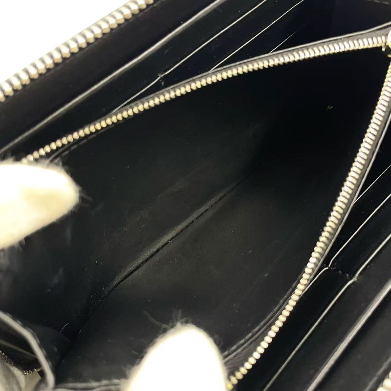 Celine Logo Leather Round Zip Leather Black Wallet Silver