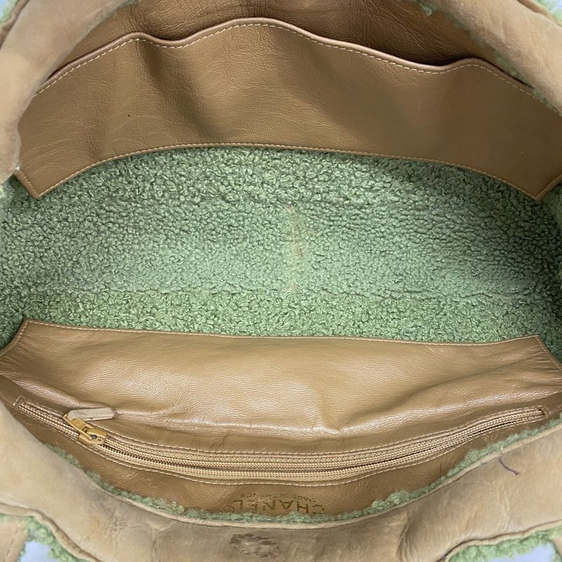 Chanel Handbag Suede Mouton Beige Green Gold Hardware Women's