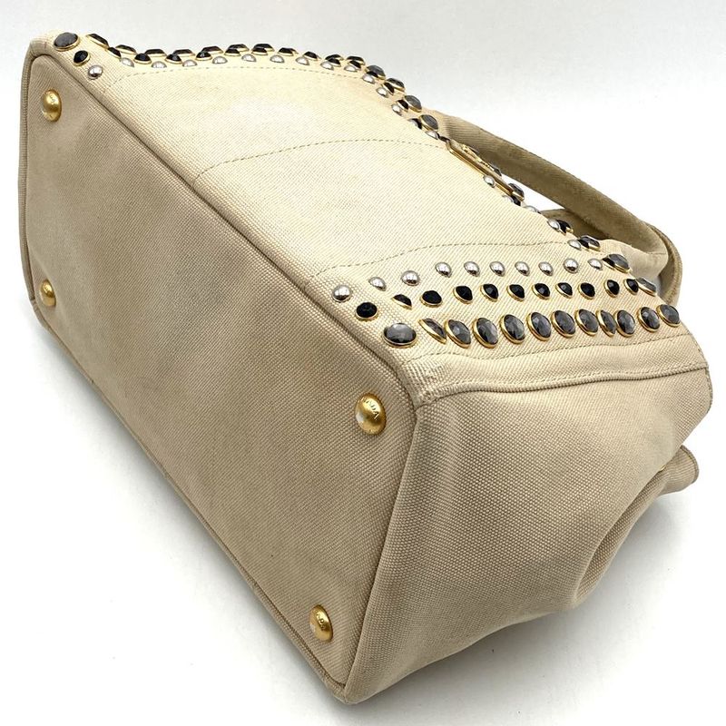 Prada Canapa Bijoux Tote Handbag Studded Canvas Beige Ivory Women's