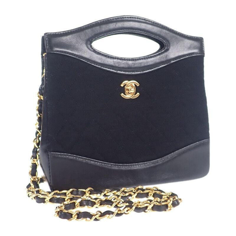 Chanel Vintage 2-Way Shoulder Bag Lambskin Cotton Black Gift