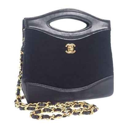 Chanel Vintage 2-Way Shoulder Bag Lambskin Cotton Black Gift