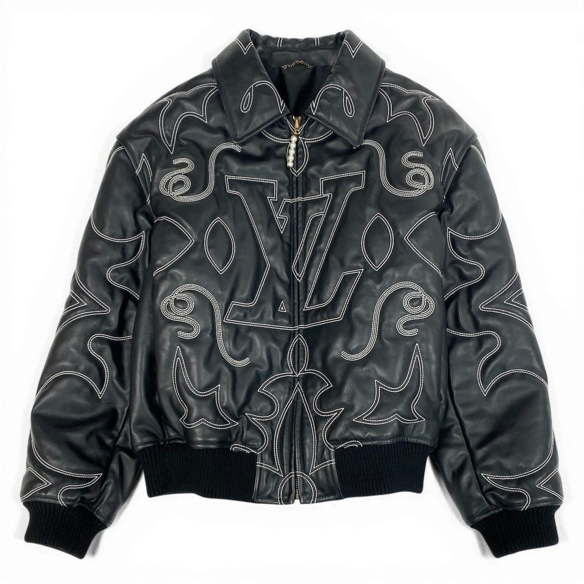 Louis Vuitton D2 Embroidered Leather Bomber Jacket 52 Black Cowhide Super — view 2