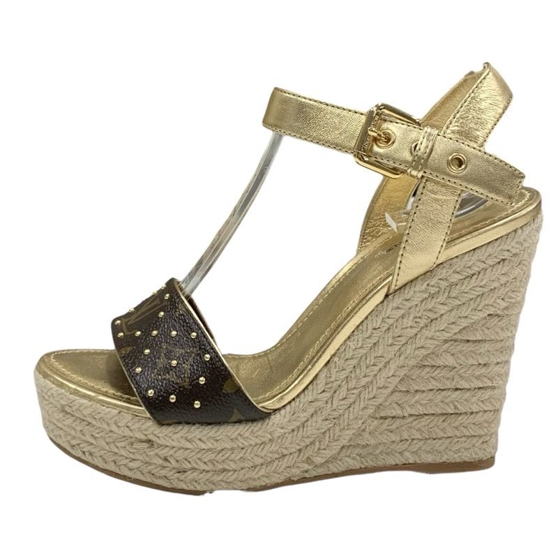 Louis Vuitton Starboard Line Monogram Sandals Shoes Leather Gold Brown Studs