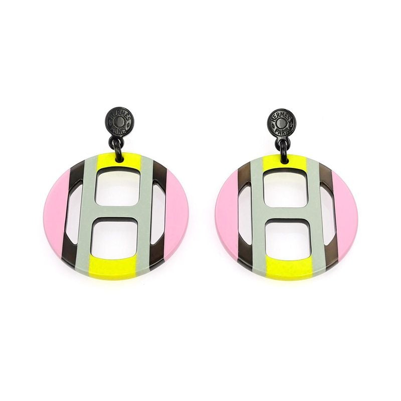 Hermes Earrings H Equipe Buffalo Horn Pair Multicolor Pink Gray Yellow
