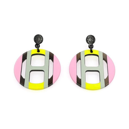 Hermes Earrings H Equipe Buffalo Horn Pair Multicolor Pink Gray Yellow