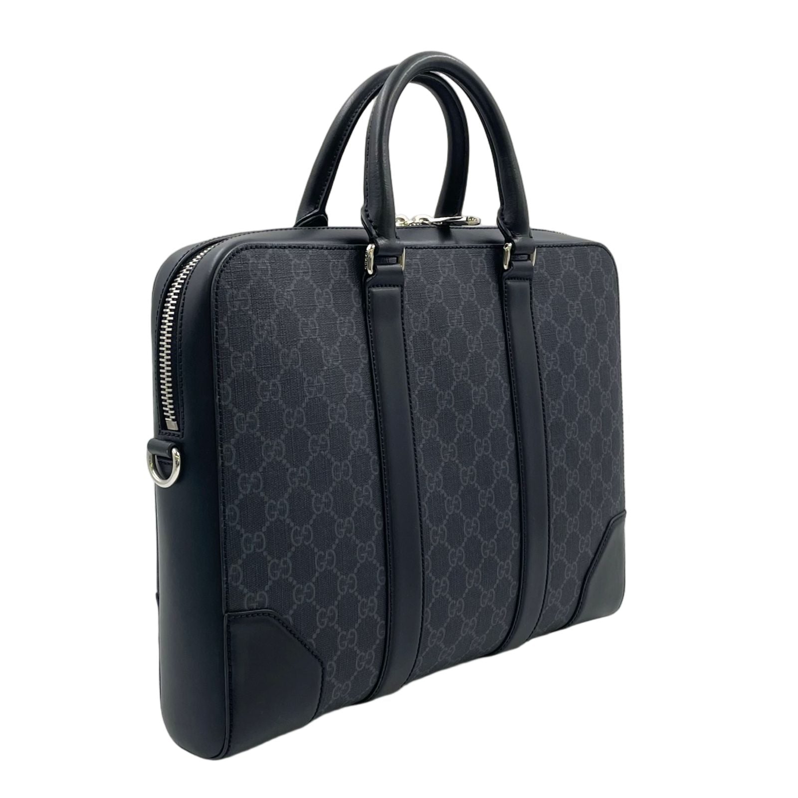 Gucci GG Supreme Shoulder Strap Leather Gray Black Business Bag Silver — view 2