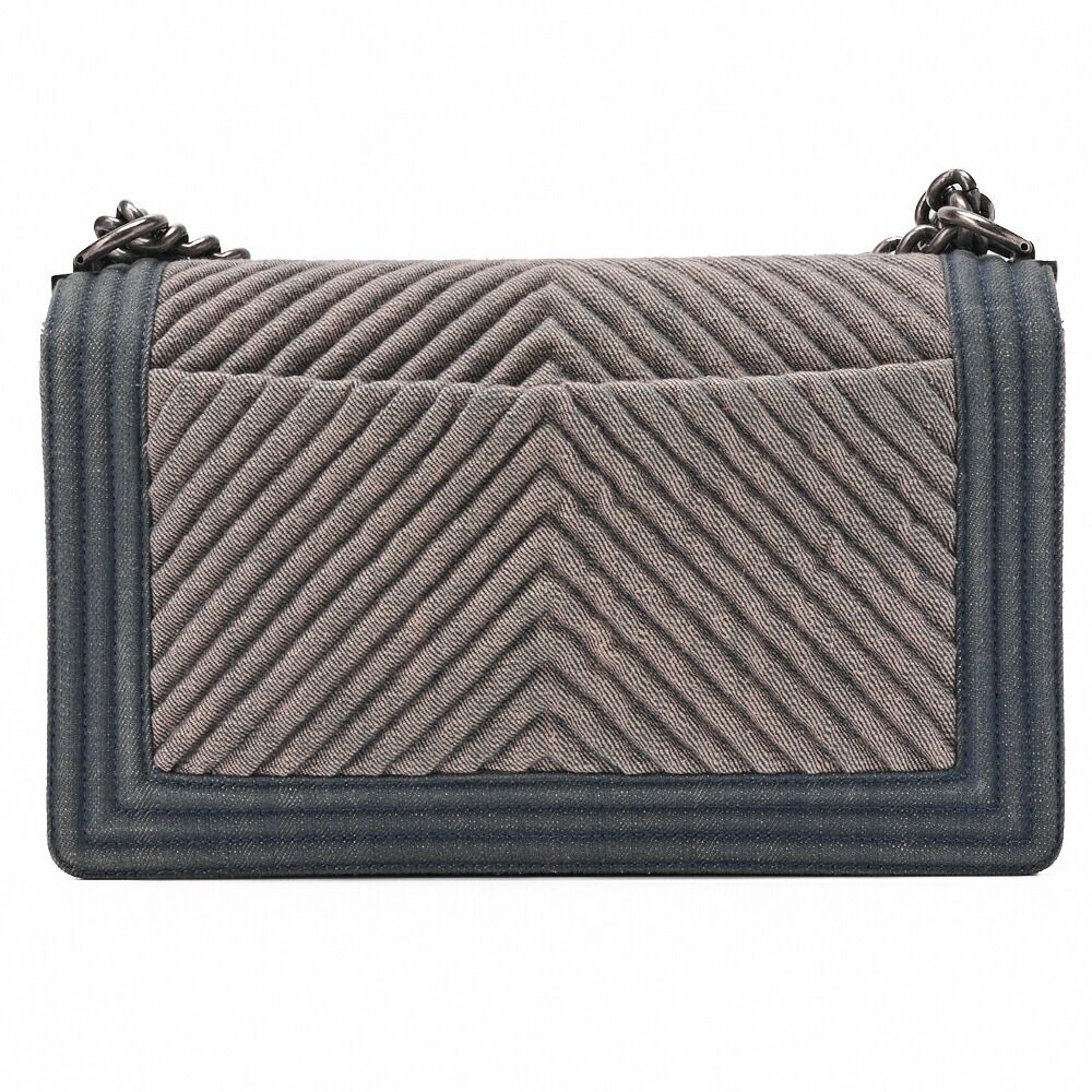 Chanel Boy Chanel V-stitched Chain Shoulder Denim Large Size Blue (silva