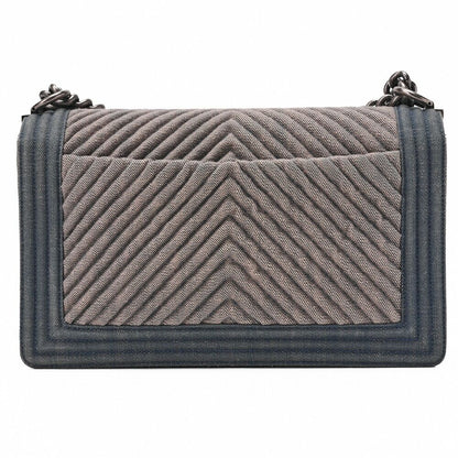 Chanel Boy Chanel V-stitched Chain Shoulder Denim Large Size Blue (silva